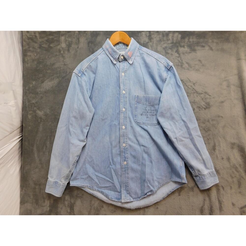 Up-cycled LL Bean Shirt Mens M Blue Denim Long Sleeve Button Up Graphic Art